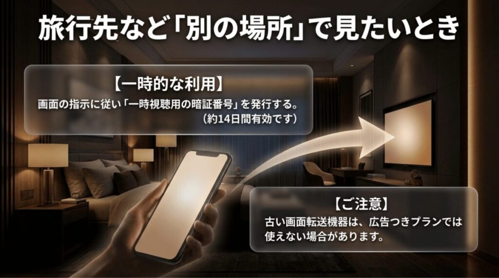 旅行先や別の場所でNetflixを見る際に、一時視聴用の暗証番号を発行して約14日間利用する流れを説明するスライド