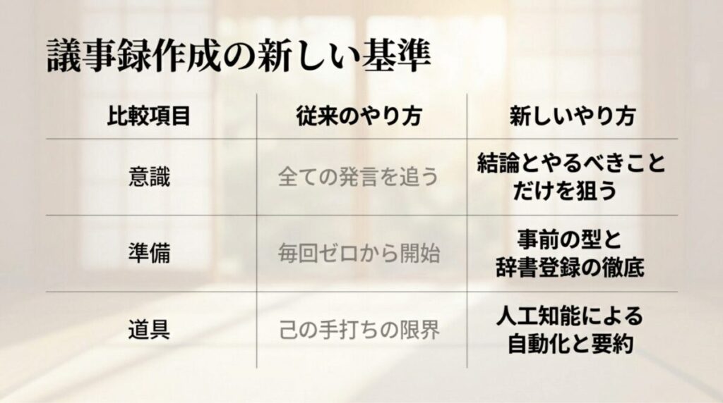 従来の議事録作成とAI活用後の新しいやり方を意識・準備・道具の3項目で比較したスライド