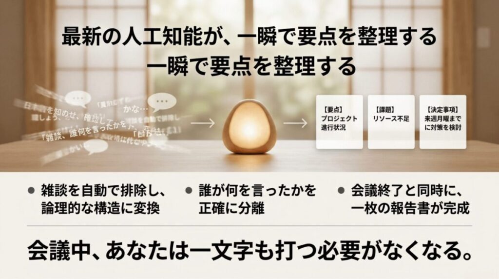 会議中の雑談や発言をAIが要点・課題・決定事項に整理する流れを示したスライド