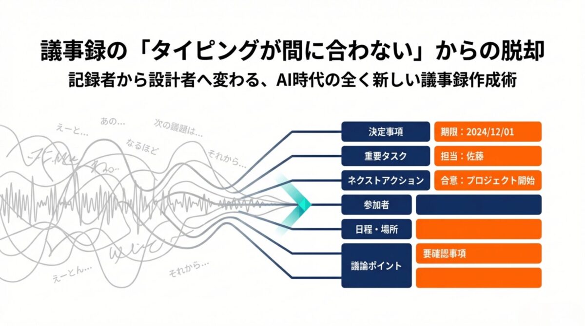 会議中の雑多な発言がAIと設計技術によって「決定事項」「重要タスク」「ネクストアクション」へと整理されるプロセスの概念図