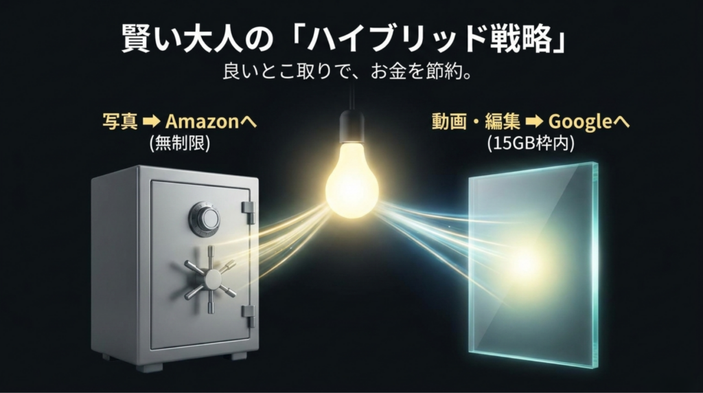 写真はAmazonフォトへ、動画と編集用データはGoogleフォトへ分けて保存するハイブリッド戦略のスライド