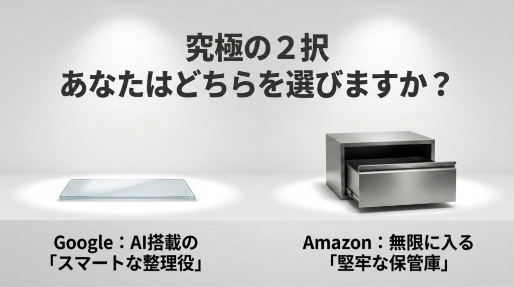GoogleフォトはAI搭載の整理役、Amazonフォトは無制限に入る保管庫として比較したスライド