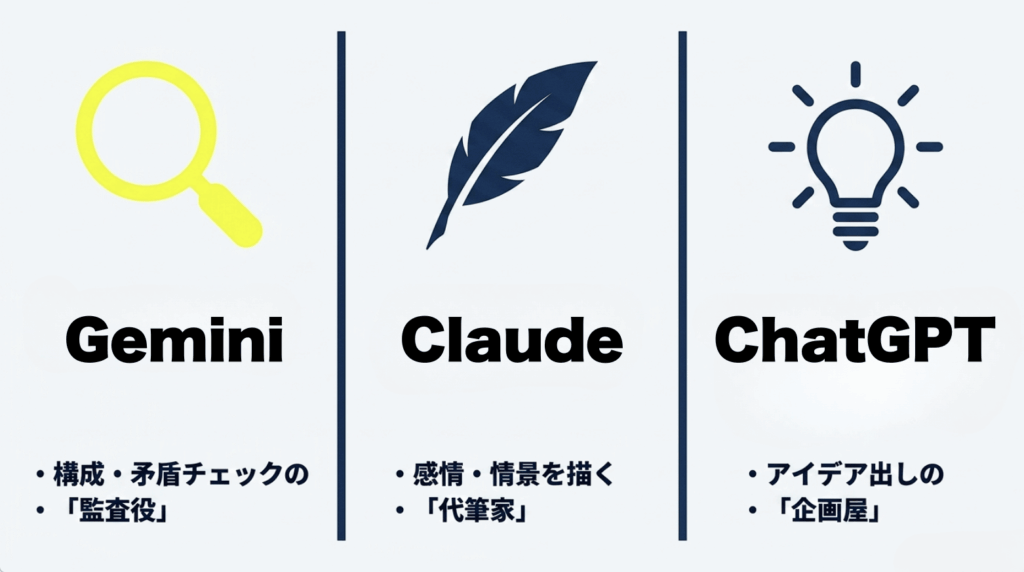 Geminiは構成監査、Claudeは感情描写、ChatGPTはアイデア出しに向くことを比較した図