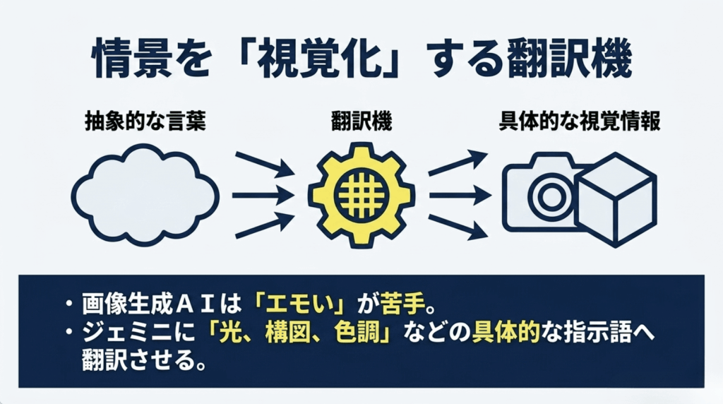 抽象的な小説の情景をGeminiで光や構図、色調などの画像生成用指示に変換する流れ