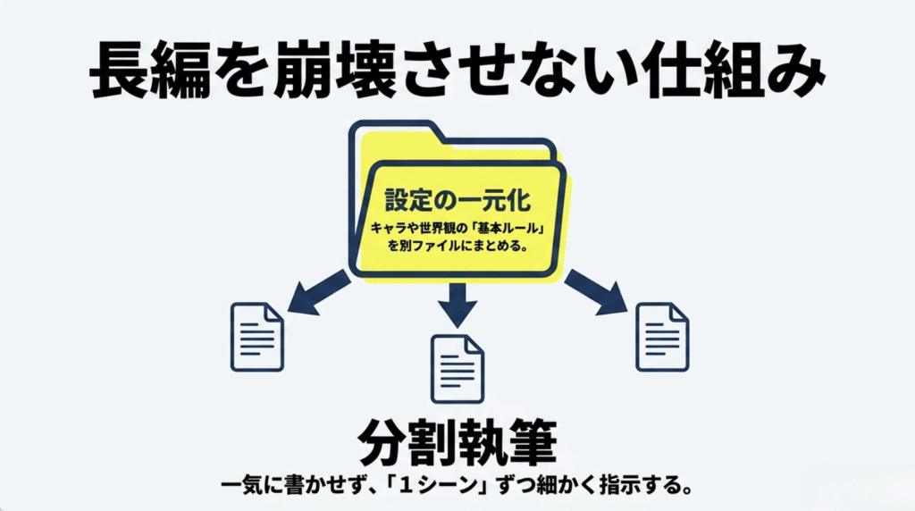 キャラクターや世界観の設定を一元化し、1シーンずつ分割して長編小説を書く方法