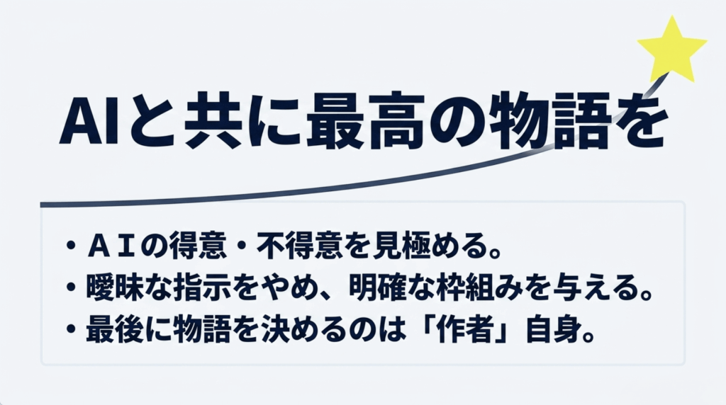 AIの得意分野を活かしながら最終的な物語の判断は作者自身が行うという小説執筆のまとめ