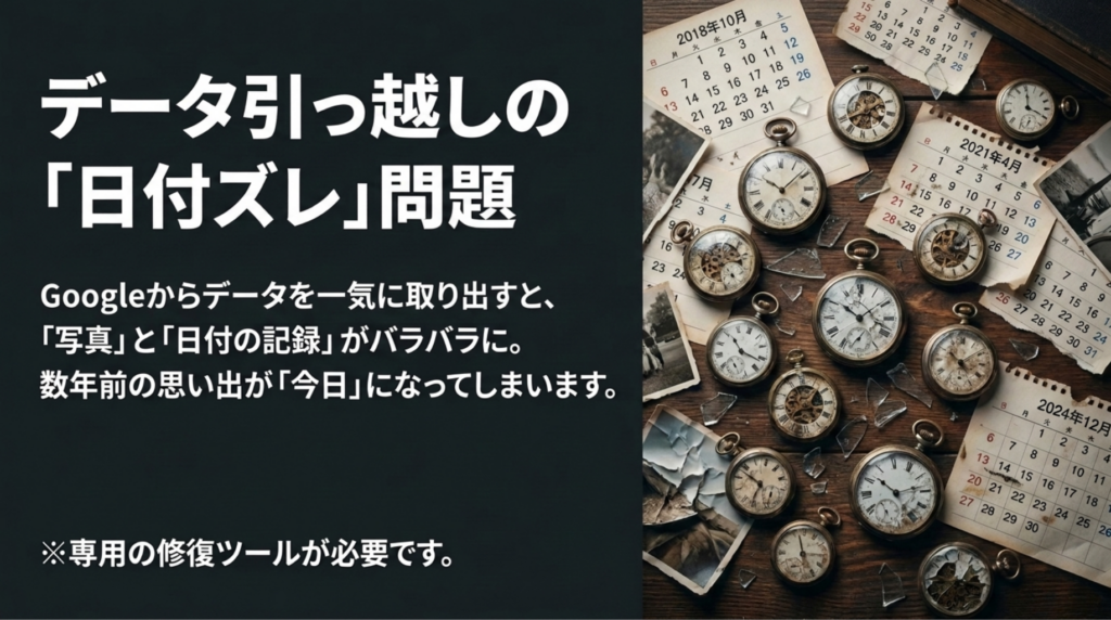 Googleフォトからデータを一括で取り出すと写真と日付情報が分離し、思い出の日付がずれる問題を説明したスライド