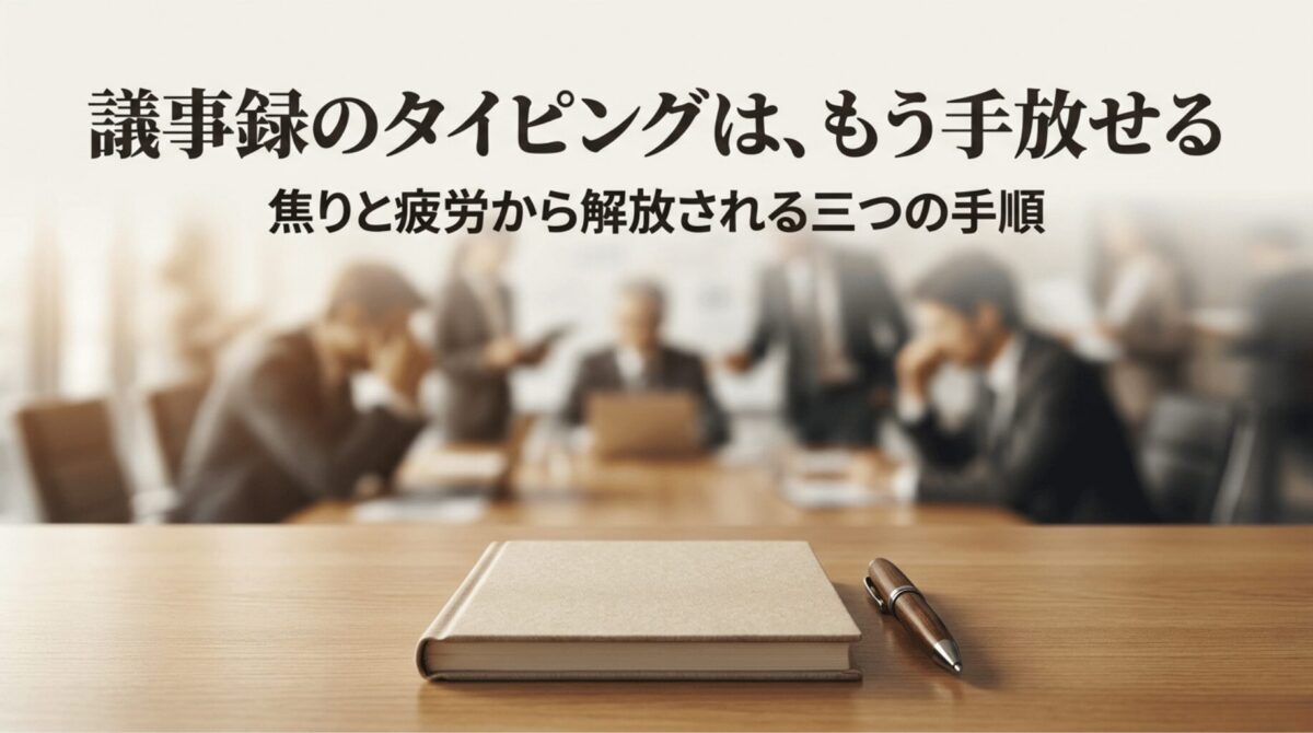 議事録のタイピングに追われる焦りから解放される3つの手順を示した導入スライド