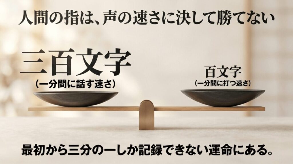 人が1分間に話す文字数とタイピングできる文字数の差を天秤で表したスライド
