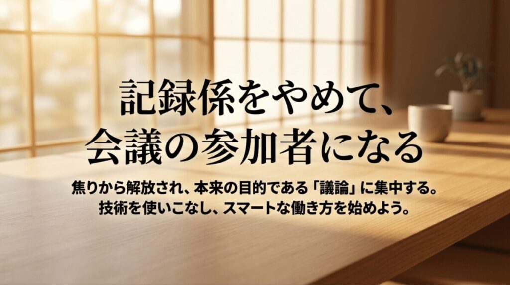 議事録の記録作業をAIに任せ、会議本来の議論に集中する働き方を促す締めのスライド