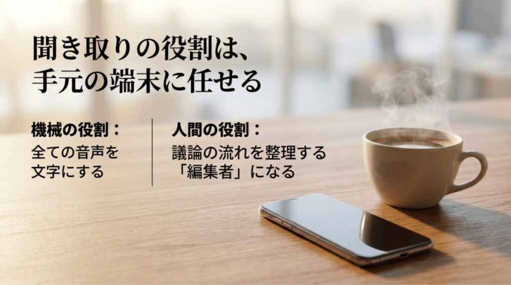 音声の文字起こしは端末に任せ、人間は議論の流れを整理する編集者になる考え方を示したスライド