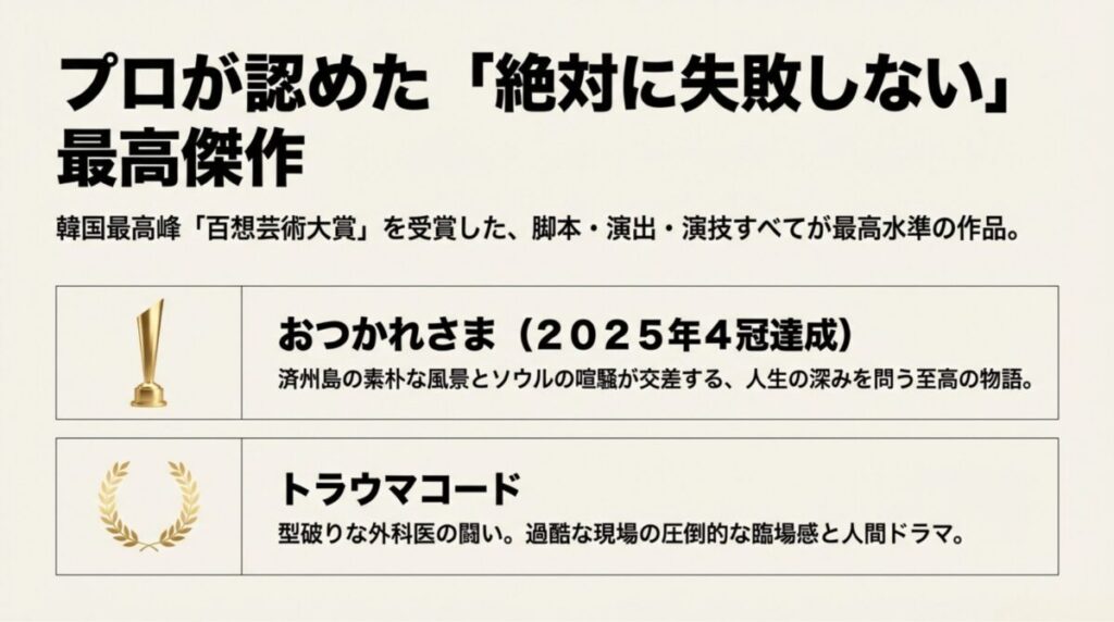 百想芸術大賞を受賞した「おつかれさま」と「トラウマコード」の紹介スライド