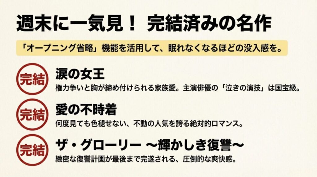 「涙の女王」「愛の不時着」「ザ・グローリー」など完結済みのおすすめ韓国ドラマスライド