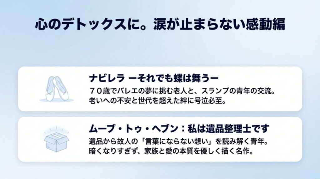 泣ける名作として知られる「ナビレラ」と「ムーブ・トゥ・ヘブン」の紹介スライド