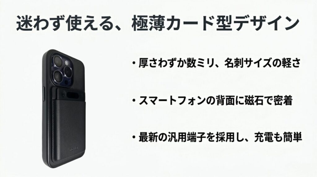 極薄カード型デザイン、スマートフォン背面への磁石装着、汎用端子による充電のしやすさを説明するスライド