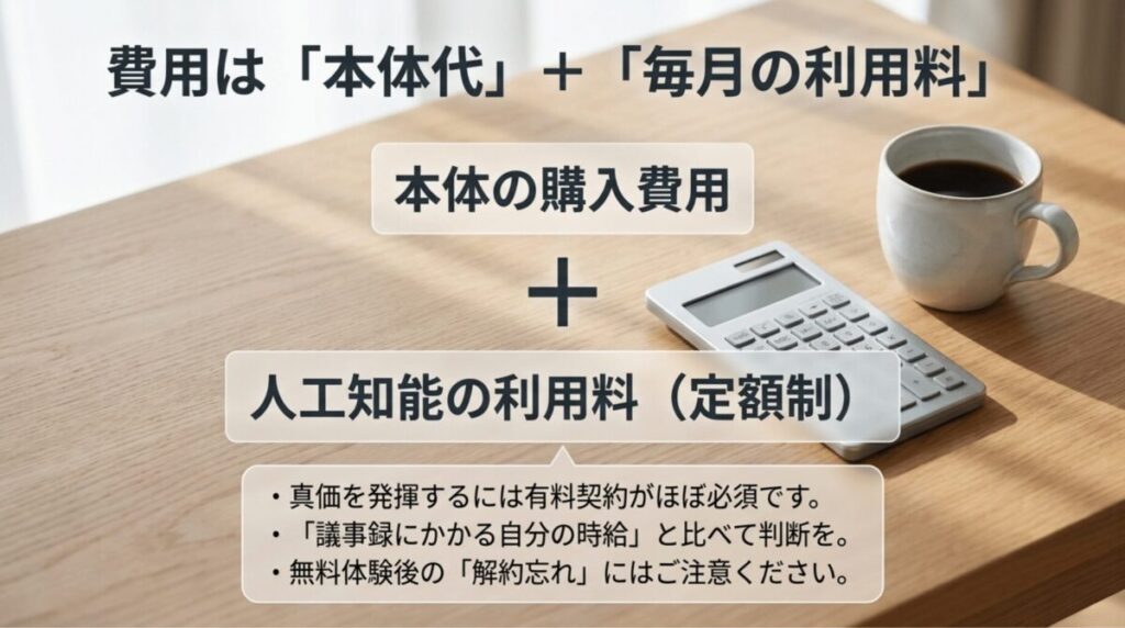 Notta Memoの費用が本体購入費とAI機能の月額利用料で構成されることを説明するスライド