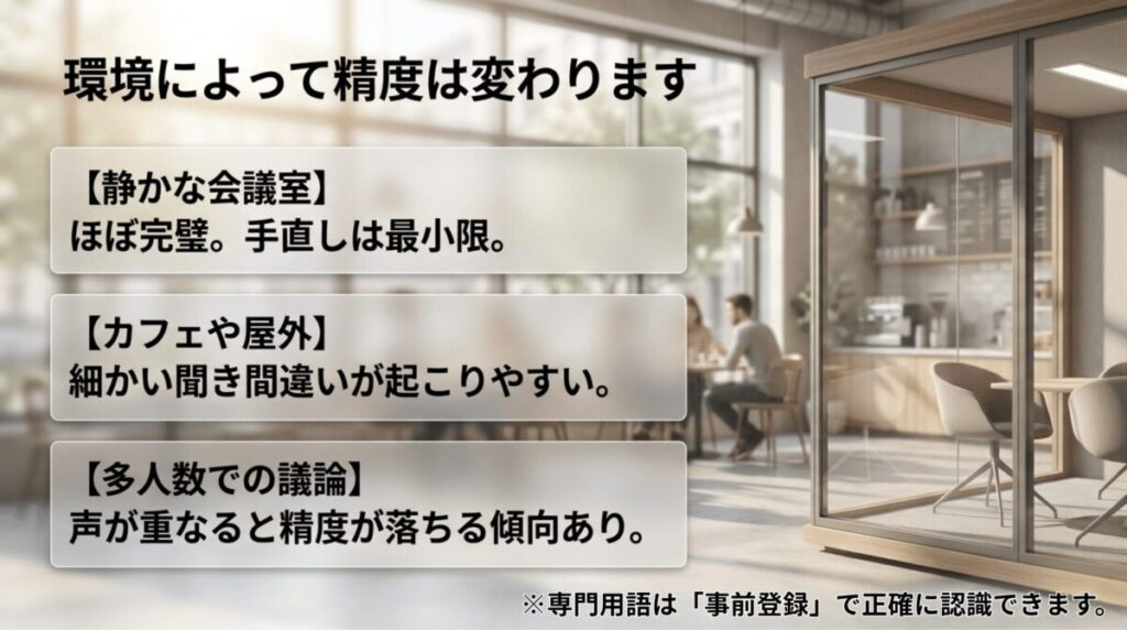 静かな会議室、カフェや屋外、多人数会議で文字起こし精度が変わることを比較したスライド