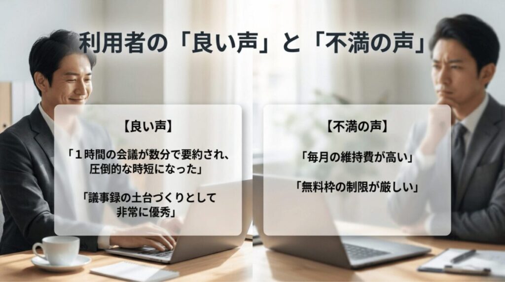 Notta Memoの良い声として時短や議事録作成のしやすさ、不満の声として維持費や無料枠の制限をまとめたスライド