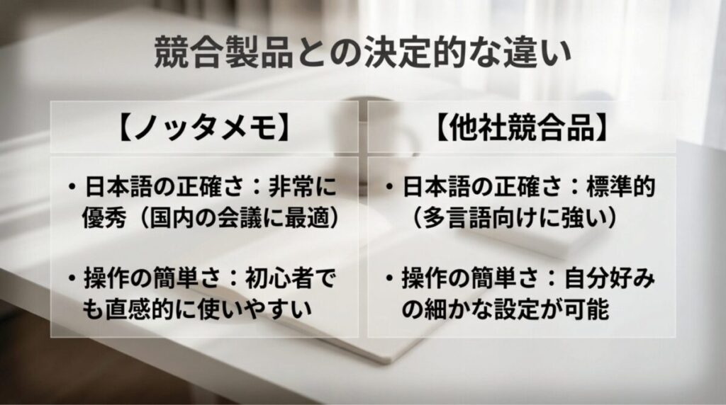Notta Memoは日本語の正確さと操作の簡単さ、他社競合品は多言語対応や細かな設定に強みがあることを比較したスライド