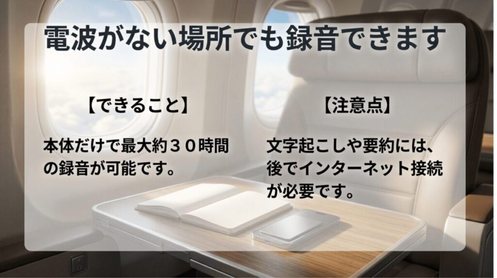 電波がない場所でも本体だけで録音できる一方、文字起こしや要約には後からネット接続が必要なことを示したスライド