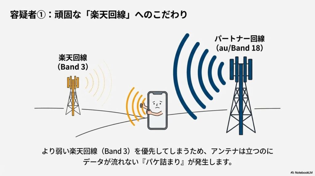 近くにある強力なパートナー回線(Band 18)ではなく、遠くにある微弱な楽天回線(Band 3)を優先して掴んでしまっているスマートフォンのイラスト