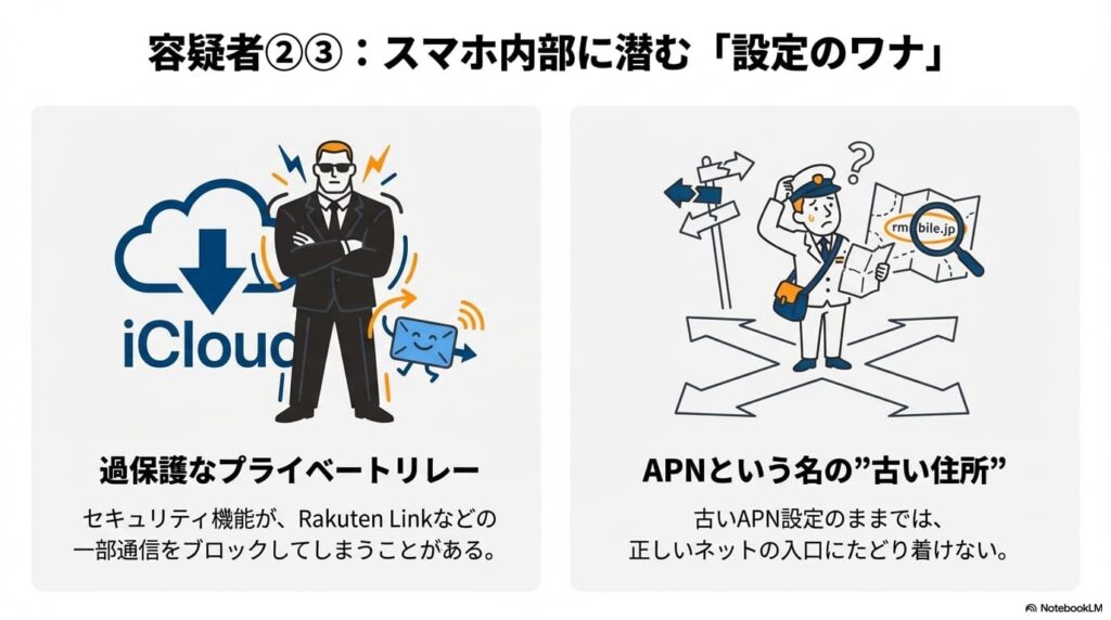 iCloudプライベートリレーによる通信遮断(SP風の人物)と、古いAPN設定による接続ミス(迷子の郵便配達員)を擬人化したイラスト