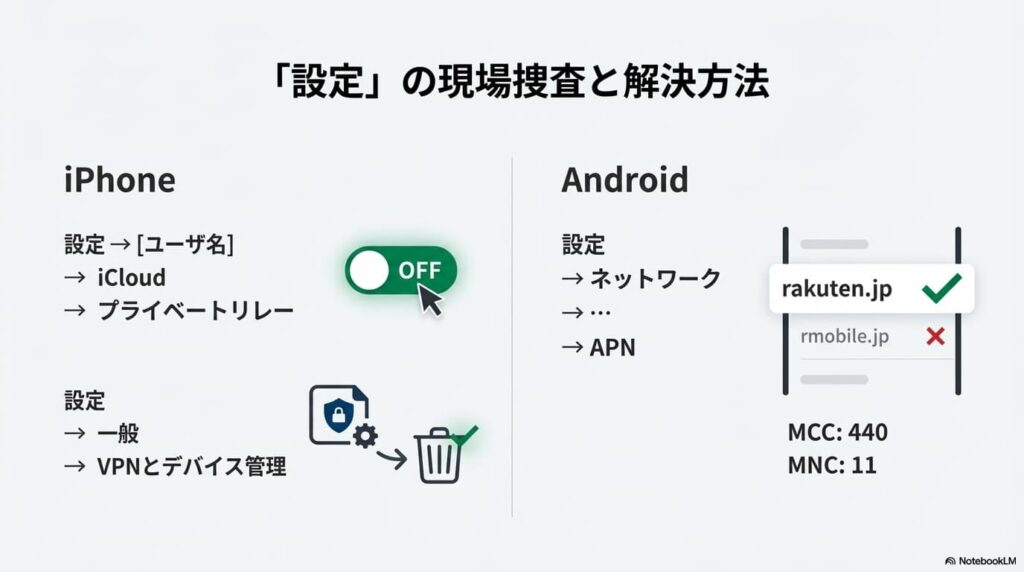iPhoneのプライベートリレーをオフにする手順と、AndroidでAPNをrakuten.jpに設定する具体的な操作画面の図