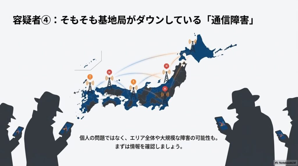 日本地図上で複数の基地局に障害が発生し、個人の設定では解決できないエリア全体の問題であることを示すイラスト