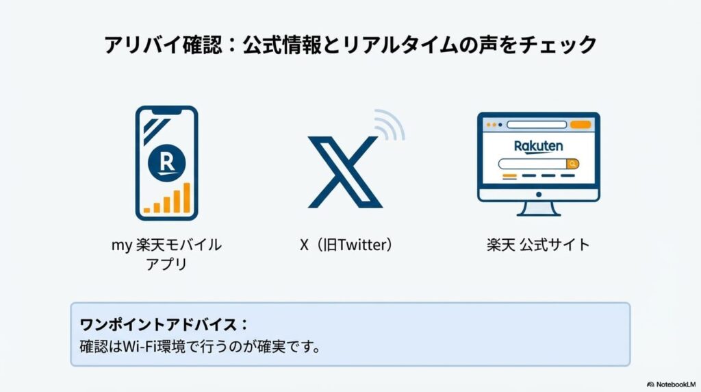 Wi-Fi環境下で、my楽天モバイルアプリ、公式サイト、X(旧Twitter)を使って障害情報を確認することを推奨する図