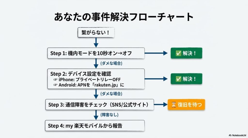 機内モードの実践、デバイス設定の確認、通信障害のチェック、そして解決しない場合のサポート報告までの一連の流れを示したフローチャート