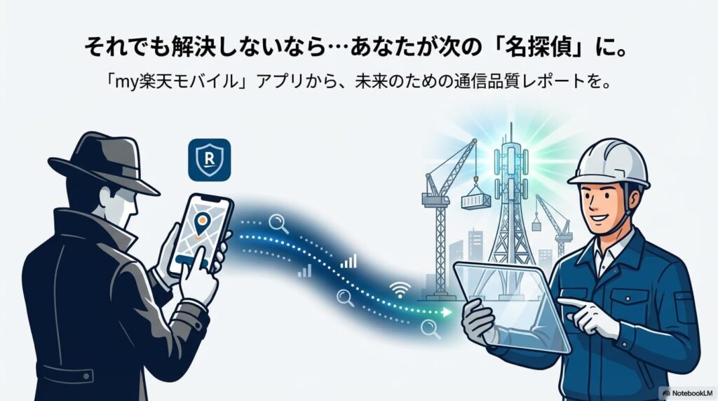 ユーザーが探偵のように現場の状況を「my楽天モバイル」アプリから報告し、基地局の改善工事に繋げる様子を描いたイラスト