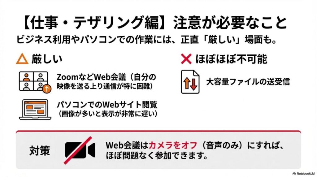 Web会議や大容量ファイルの送受信は厳しいが、カメラをオフにすればWeb会議もほぼ問題なく参加できるという対策を示した図 。