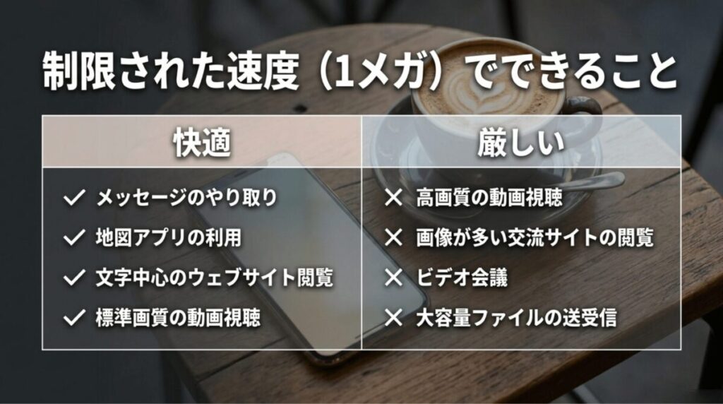 ahamoの速度制限中でも快適に使える用途と、厳しい用途を比較したスライド