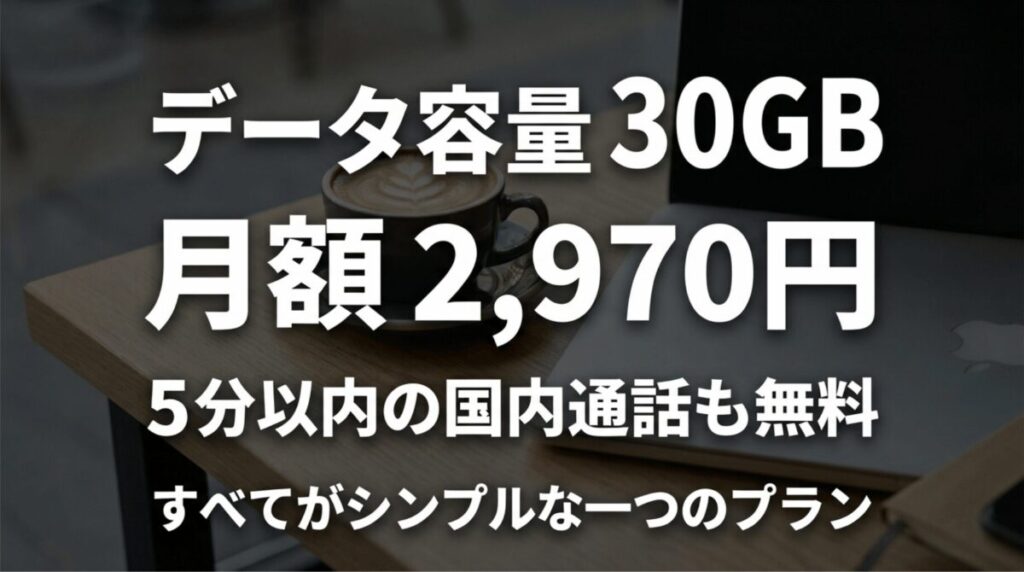ahamoの基本プランとして30GB、月額2,970円、5分以内の国内通話無料を大きく示した料金説明画像