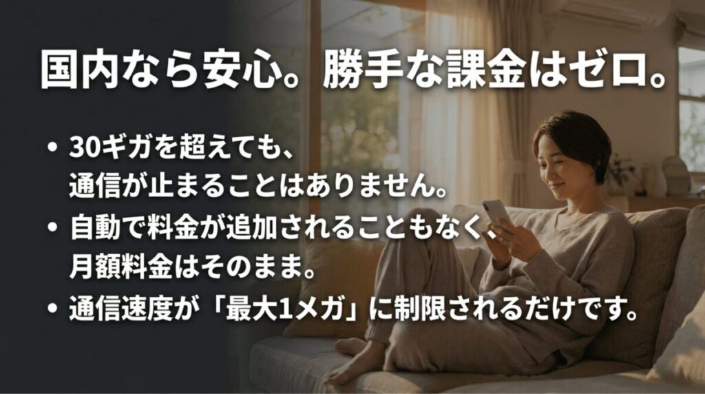 ahamoは30ギガを超えても通信が止まらず、自動課金も発生せず、最大1Mbpsに制限されることを示すスライド