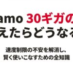 ahamoのデータ容量30ギガを超えたらどうなるかを解説する資料の表紙。速度制限の不安を解消する内容であることを示している。