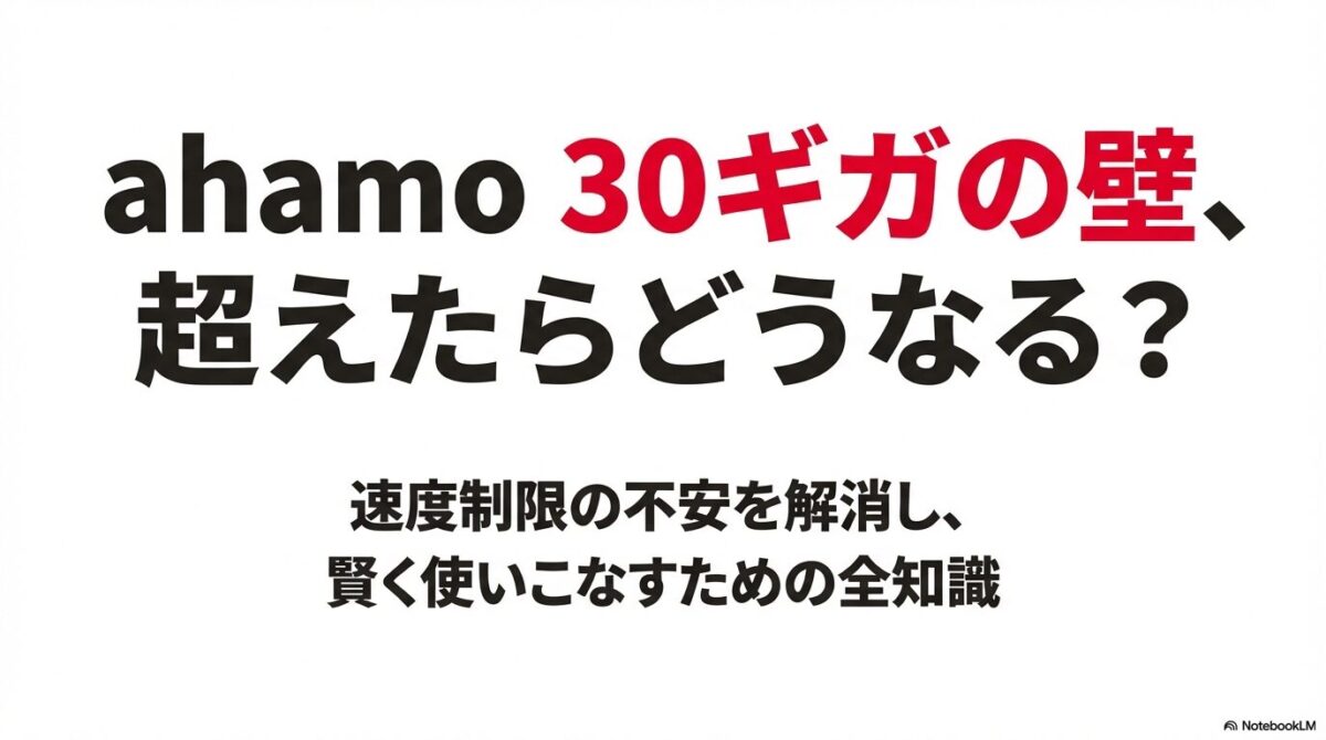 ahamoのデータ容量30ギガを超えたらどうなるかを解説する資料の表紙。速度制限の不安を解消する内容であることを示している。