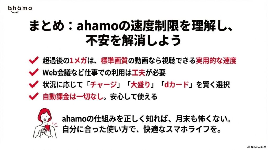 1Mbpsは実用的であること、仕事には工夫が必要なこと、自動課金なしで安心して使えることなどをまとめた最終スライド 。