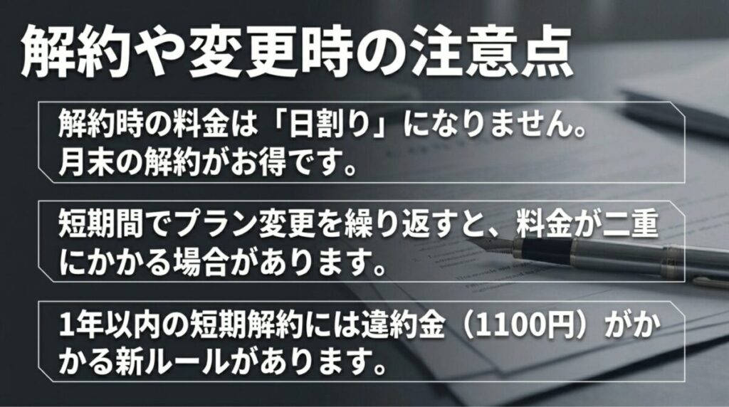 ahamoの解約月は日割りにならないこと、短期間のプラン変更で二重課金の可能性があること、短期解約に違約金がかかる場合があることをまとめたスライド