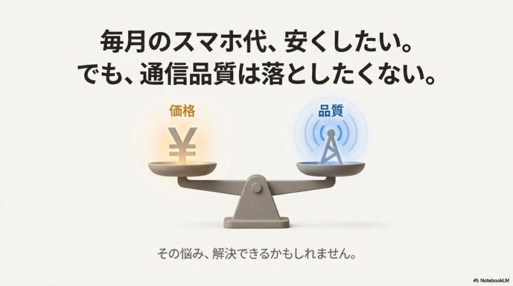 天秤に「価格（¥）」と「品質（電波塔）」が乗っており、両者のバランスが取れていることを示すイメージ画像