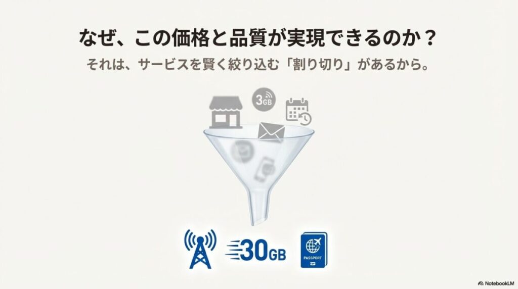 漏斗のイラストを使い、サービスを賢く絞り込むことで価格と品質を両立していることを示す概念図。