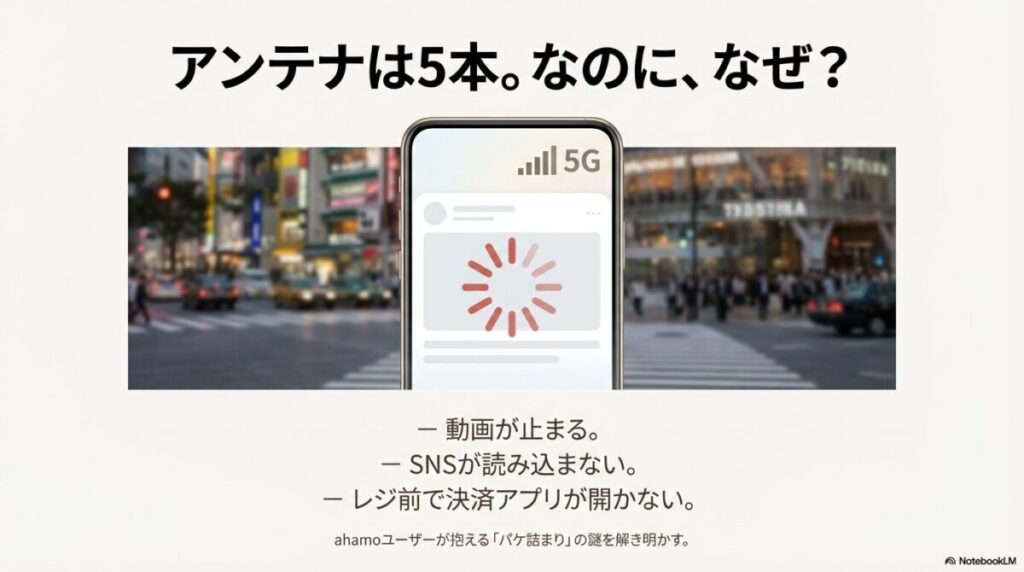 アンテナが立っているのに動画が止まる、SNSが読み込めない、レジで決済アプリが開かないといったahamoユーザーが直面するパケ詰まりの悩みを表現したスライド。