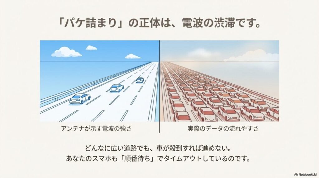 アンテナの強さを「道路の広さ」、実際のデータの流れやすさを「車の通行量」に例え、道路が広くても車が殺到すれば渋滞（パケ詰まり）が起きることを示す比較図。