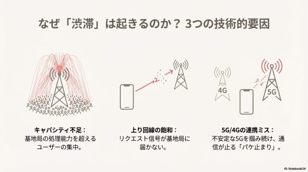 基地局のキャパシティ不足、上り回線の飽和、5Gと4Gの連携ミス（パケ止まり）という、通信が渋滞する3つの主な技術的な理由をまとめたスライド。