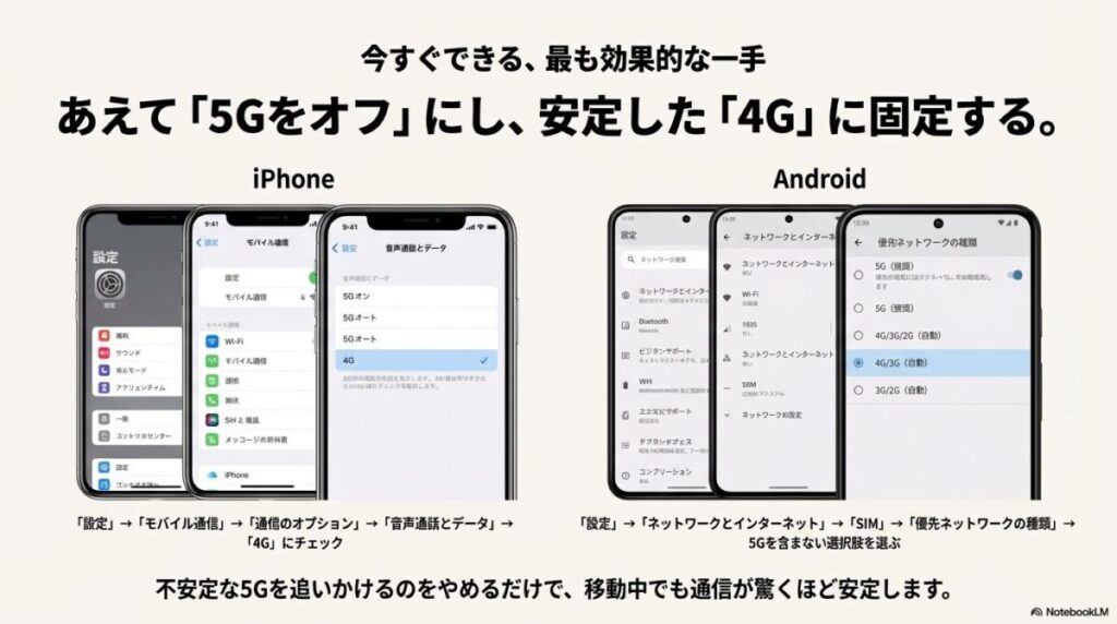 iPhoneとAndroidのそれぞれの設定画面で、5Gをオフにして4Gに固定する具体的な操作手順を解説したスクリーンショット付きスライド。