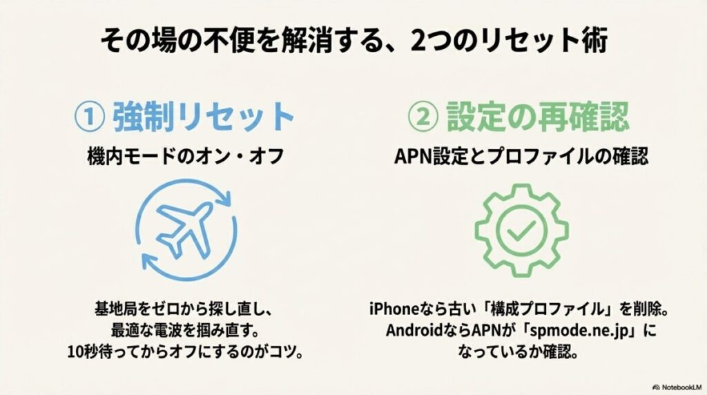 機内モードを10秒間オン・オフして基地局を掴み直す方法と、iPhoneの構成プロファイル削除やAndroidのAPN設定を確認する2つのリセット手順。