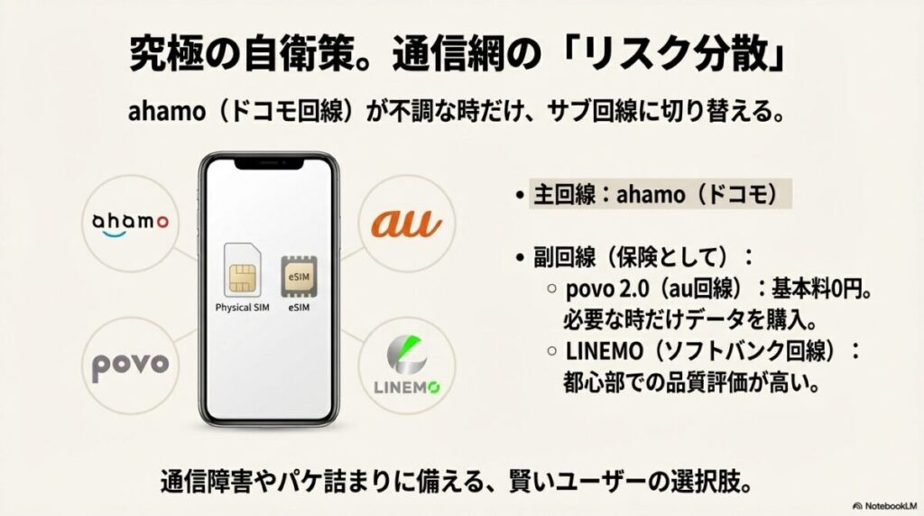 主回線のahamo（ドコモ）が不調な時に備え、eSIM等でpovo 2.0やLINEMOを副回線として持ち、回線を切り替えて通信を安定させるリスク分散の図解。