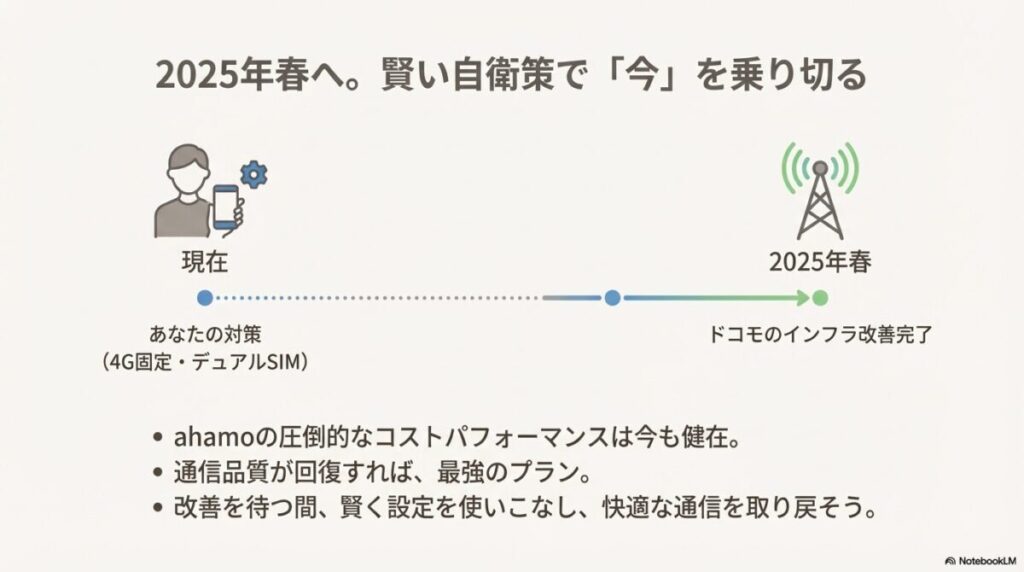 現在は4G固定やデュアルSIMで自衛し、2025年春のドコモのインフラ改善完了を待つことで、快適なahamoライフを取り戻す展望を描いたまとめスライド。