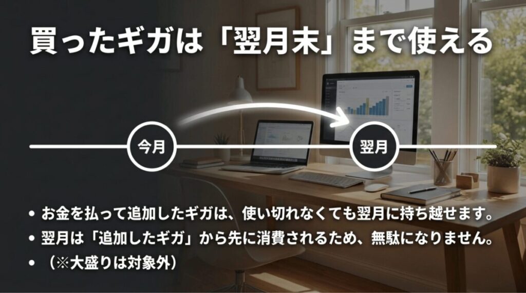 ahamoで購入した追加データ容量は翌月末まで持ち越せ、翌月は追加分から先に消費されることを示すスライド