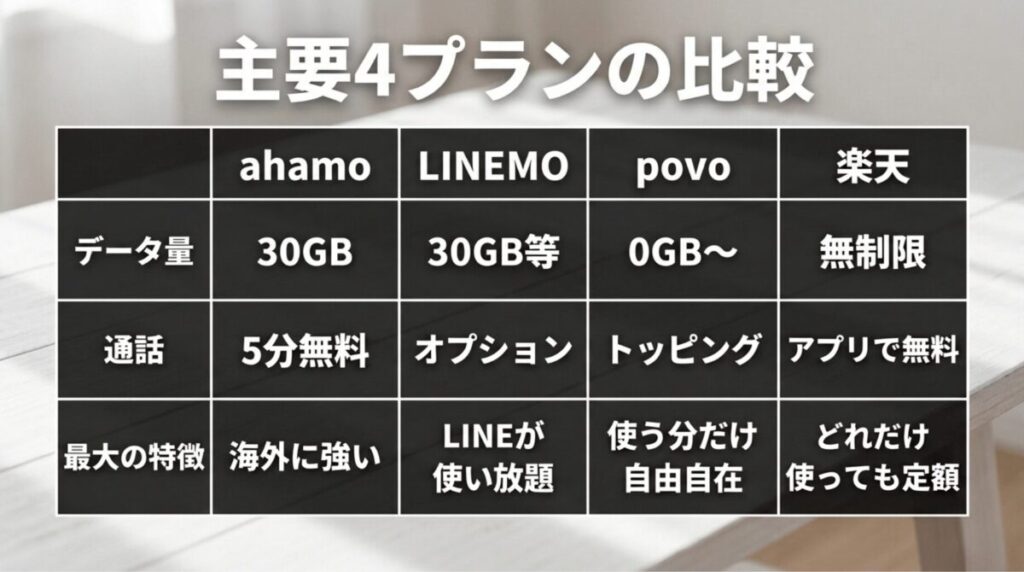 ahamo、LINEMO、povo、楽天モバイルのデータ量、通話、特徴を一覧で比較した画像